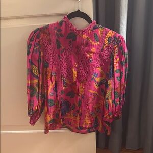 FARM Rio Pink and Purple Ruffled Blouse with Bib Collar